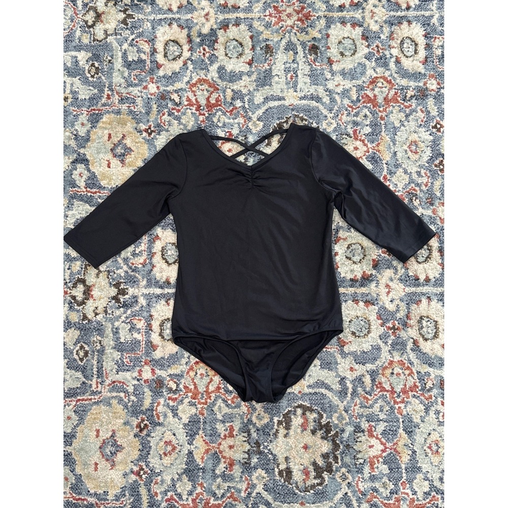 Danskin Leotard Girls 14/16‎ XL Black Criss Cross Back 3/4 Sleeve EUC